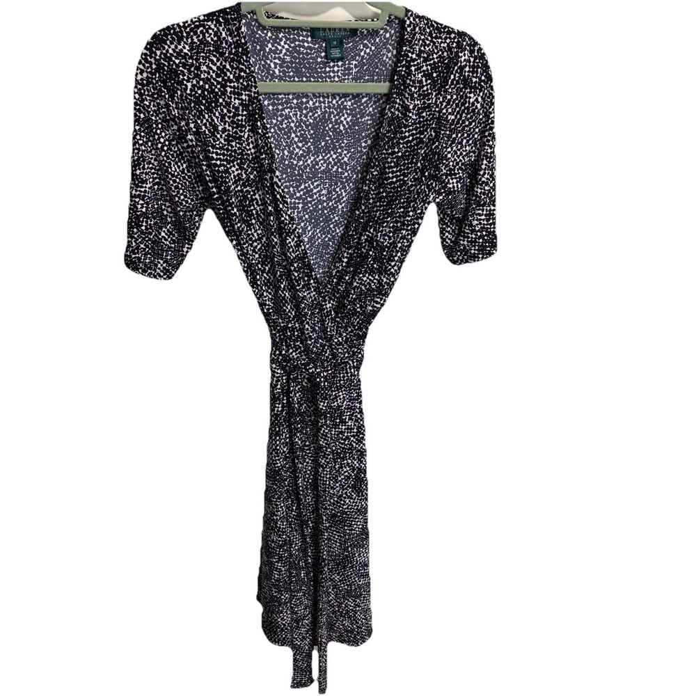 RALPH LAUREN Elbow Sleeve Midi Stretch Knit Wrap Dress Sz 10 Black White Print